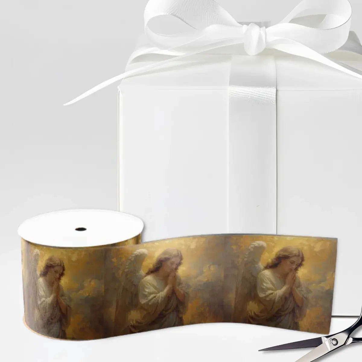 Praying Angel golden Catholic Ribbon for Baptism, Communion, Confirmation, Wedding or Christmas gift wrapping detail.