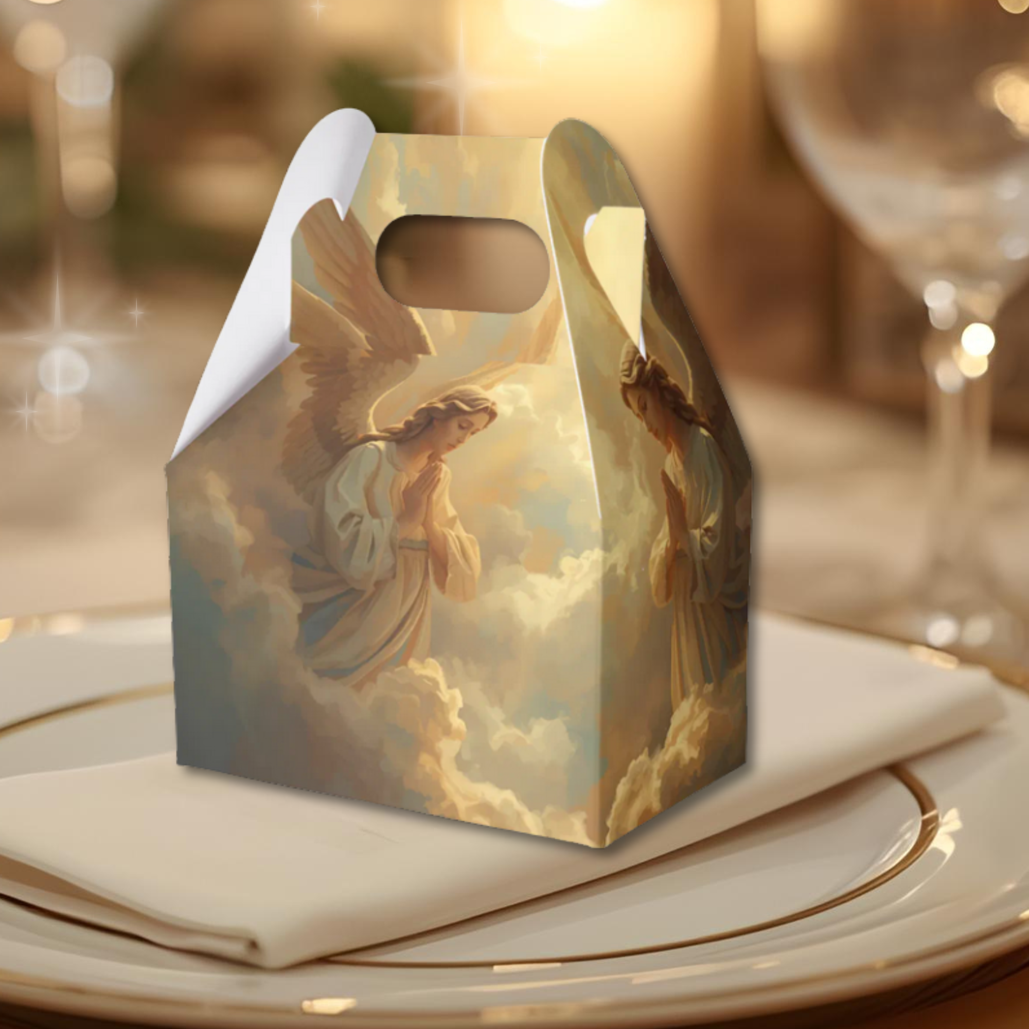 Decorative box with angel design on a table setting with wine glasses in the background