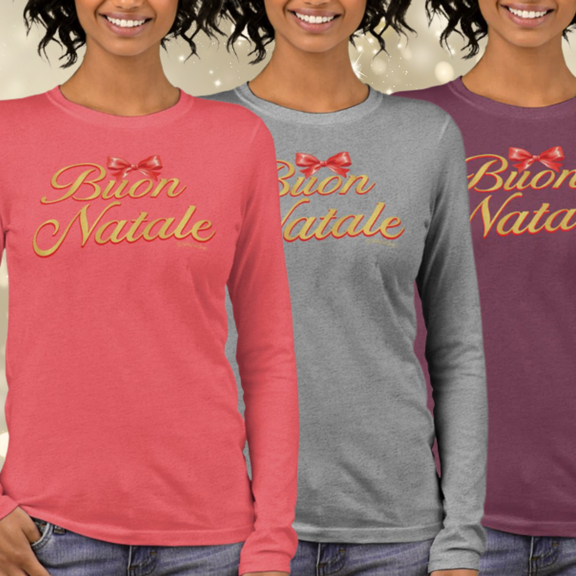 Three people wearing long-sleeve shirts with 'Buon Natale' text and a bow graphic.