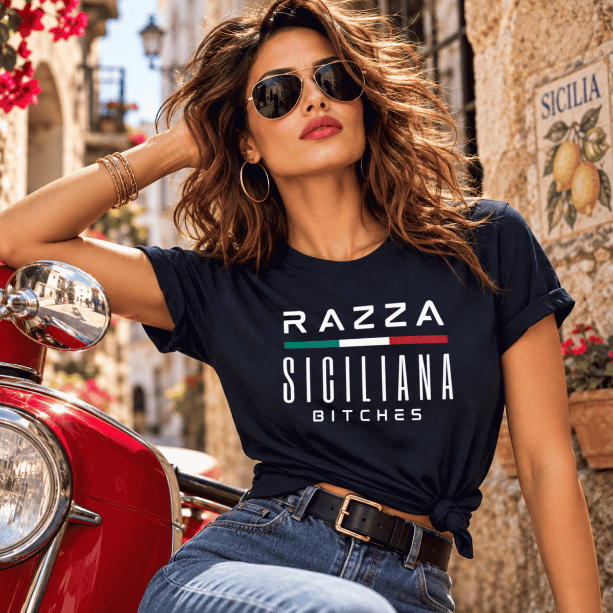 Razza Siciliana Bitches navy T-shirt featuring Italian flag colors, worn by a confident Sicilian woman with attitude, bold Sicilian pride shirt, Italian American apparel and edgy Sicily gift for women.