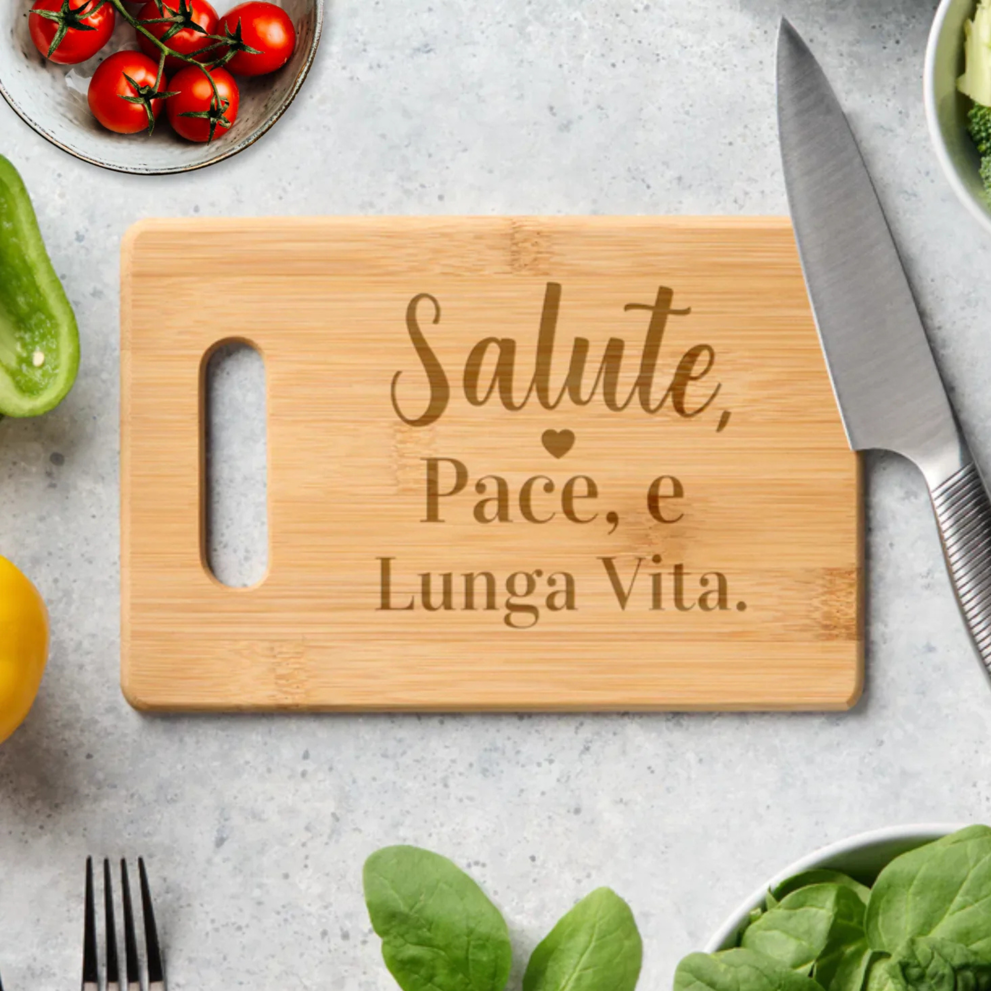 Cutting board engraved with Salute Pace e Lunga Vita Italian proverb meaning health peace and long life, Italian wedding gift, housewarming gift, anniversary gift, Italian heritage kitchen decor, hostess gift