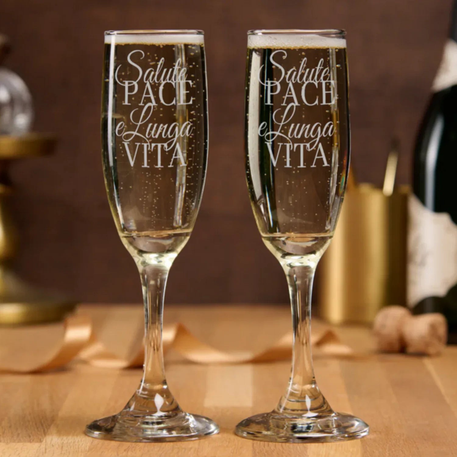 Etched Italian Champagne Flutes for Wedding or Anniversary gift "Salute, Pace, e Lunga Vita" (Health, Peace & Long Life". Also perfect for housewarming gift.