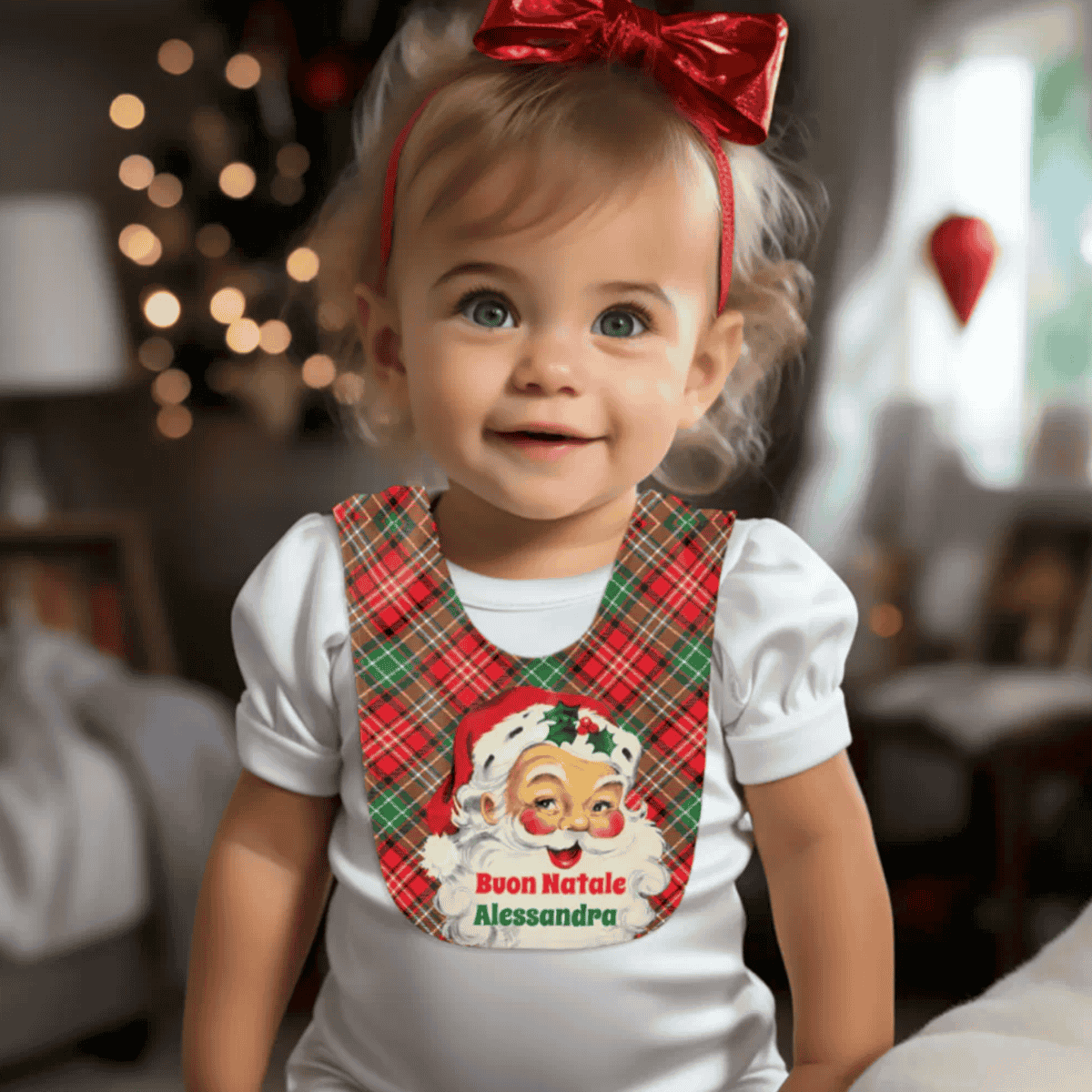 Child wearing a Christmas-themed bib with Santa Claus and Buon Natale, personalized Italian heritage gift for baby's first Christmas