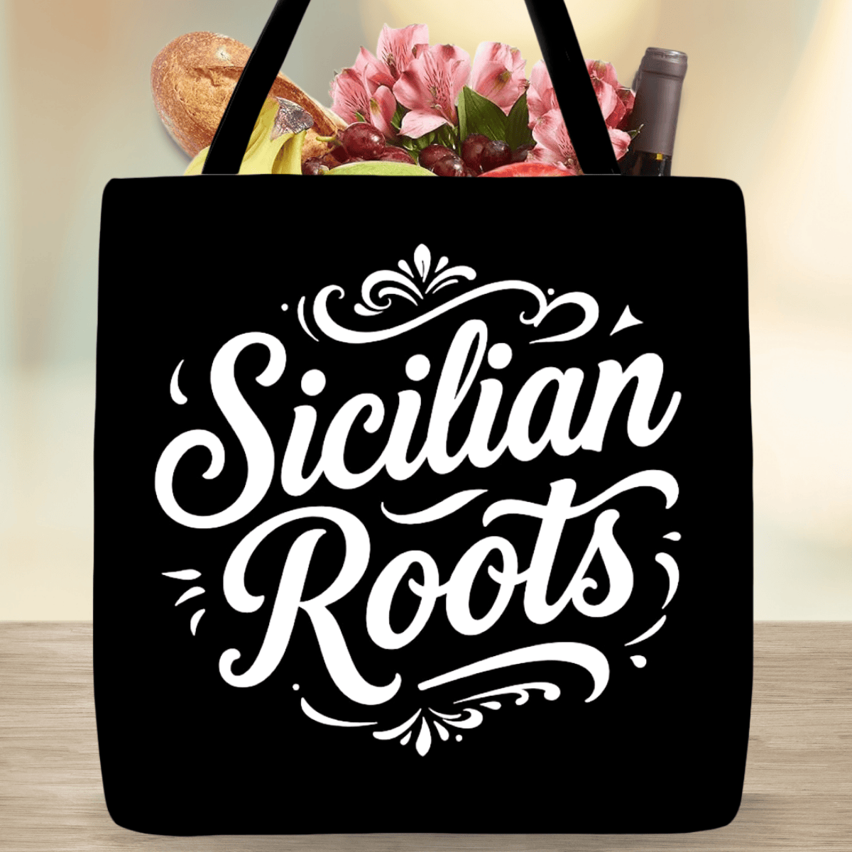 Sicilian Roots design in elegant white script with delicate scroll work on a black tote bag, celebrating Italian and Sicilian heritage