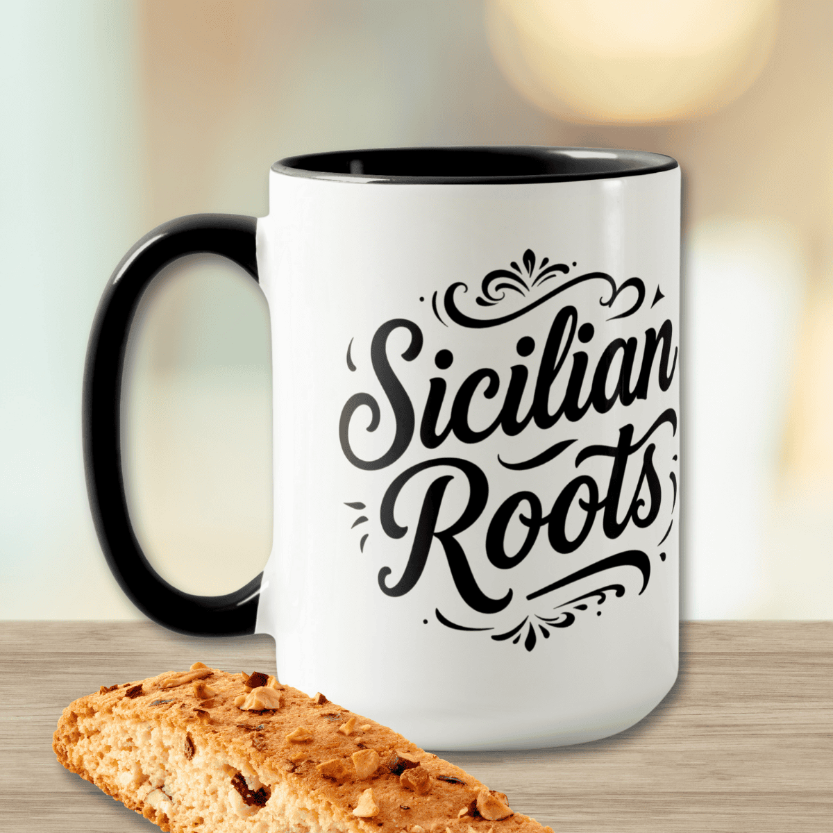 Sicilian Roots white mug with black handle featuring elegant vintage script and scrollwork, celebrating Italian Sicilian heritage and Sicily roots