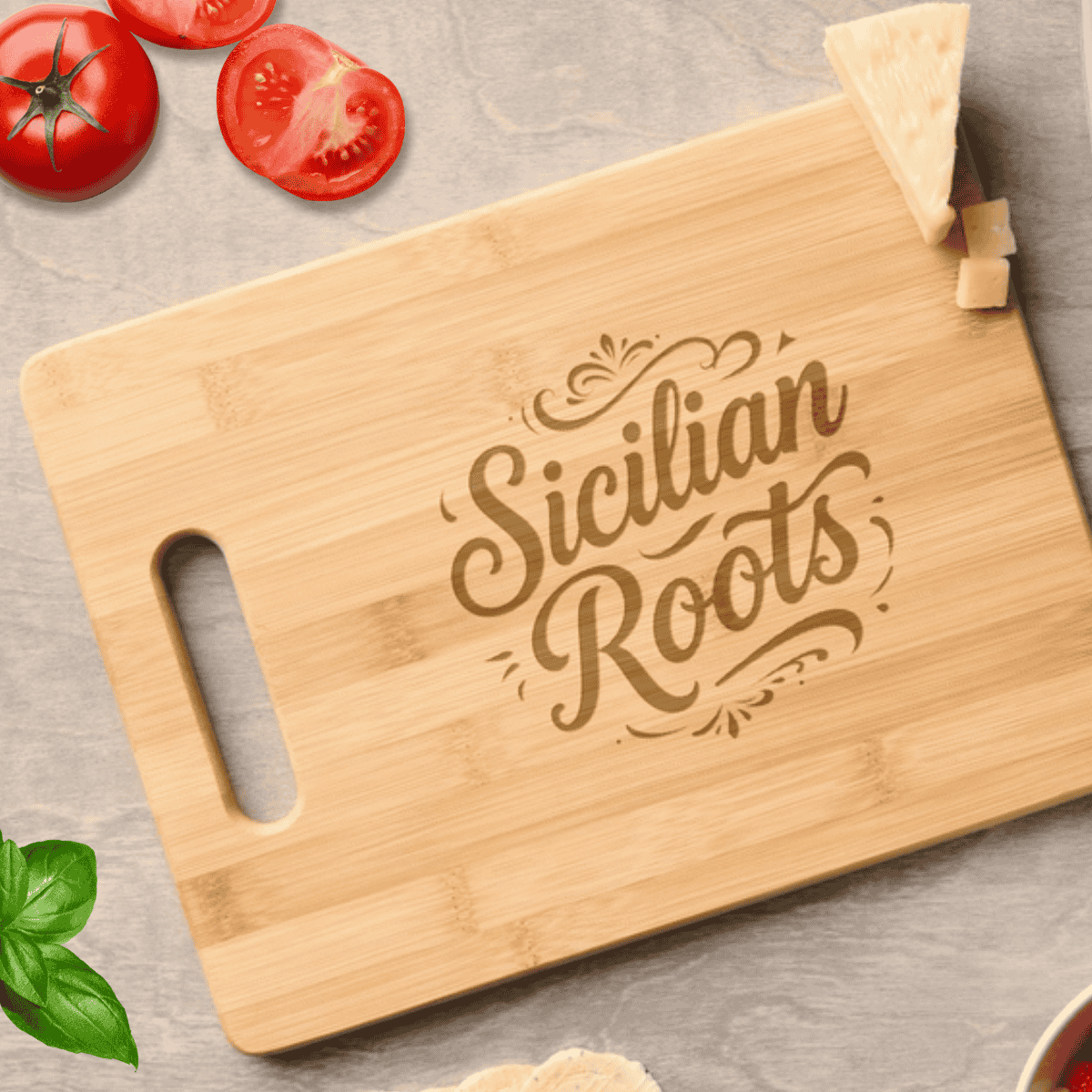 Sicilian Roots engraved wooden cutting board featuring elegant vintage script and scrollwork, celebrating Italian Sicilian heritage and Sicily roots