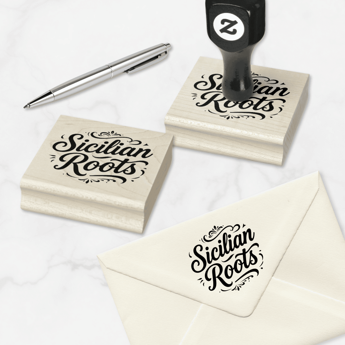 Sicilian Roots ink stamper with elegant script design celebrating Italian and Sicilian Italian heritage