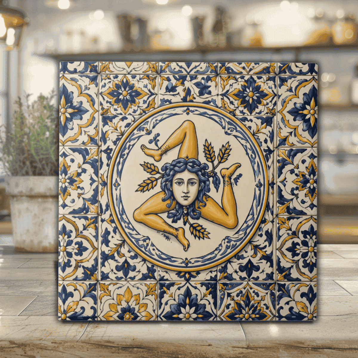 Sicilian Navy Ceramic Tile with Trinacria Medusa Center