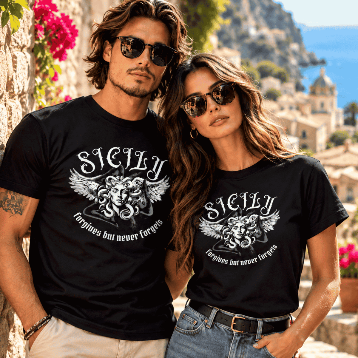 Sicily Forgives But Never Forgets black T-shirt featuring Sicilian Medusa artwork, matching Italian couple shirts, Sicilian heritage clothing, Italian American apparel and unique Sicily gift for men and women.