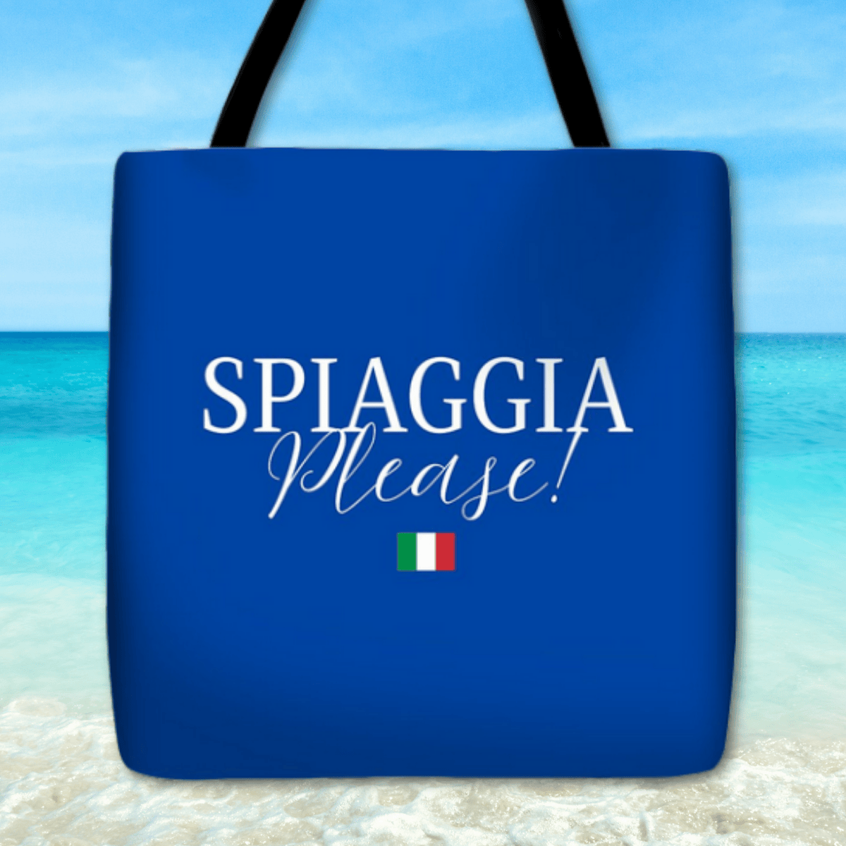 Blue tote bag with 'SPIAGGIA Please!' text and Italian flag - Beach Please!