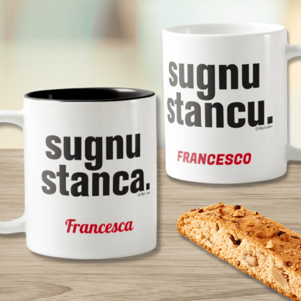 Two mugs with text 'sugnu stanca' and 'sugnu stancu' - Sicilian for I'm Tired (feminine and masculine versions of the saying) personalized funny heritage gift