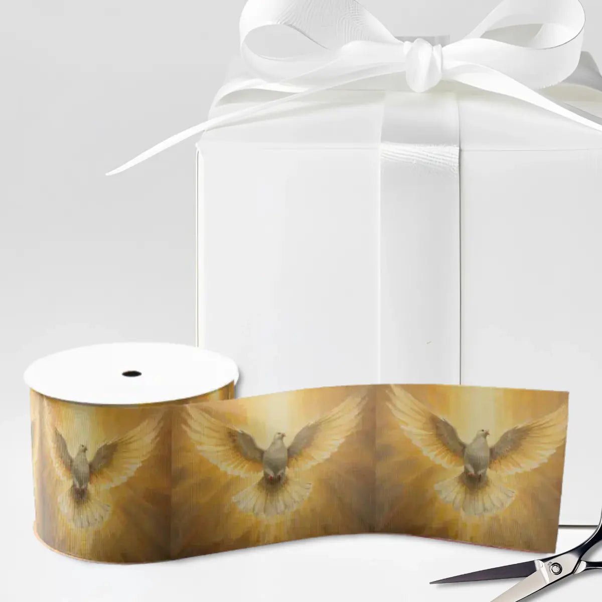 The Holy Spirit Dove golden Catholic Ribbon for Baptism, Communion, Confirmation, Wedding or Christmas gift wrapping detail.