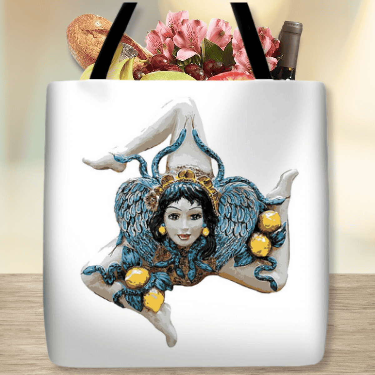 Trinacria Tote Bag – Sicilian Heritage, Medusa and Lemons Design, Italian Culture Inspired