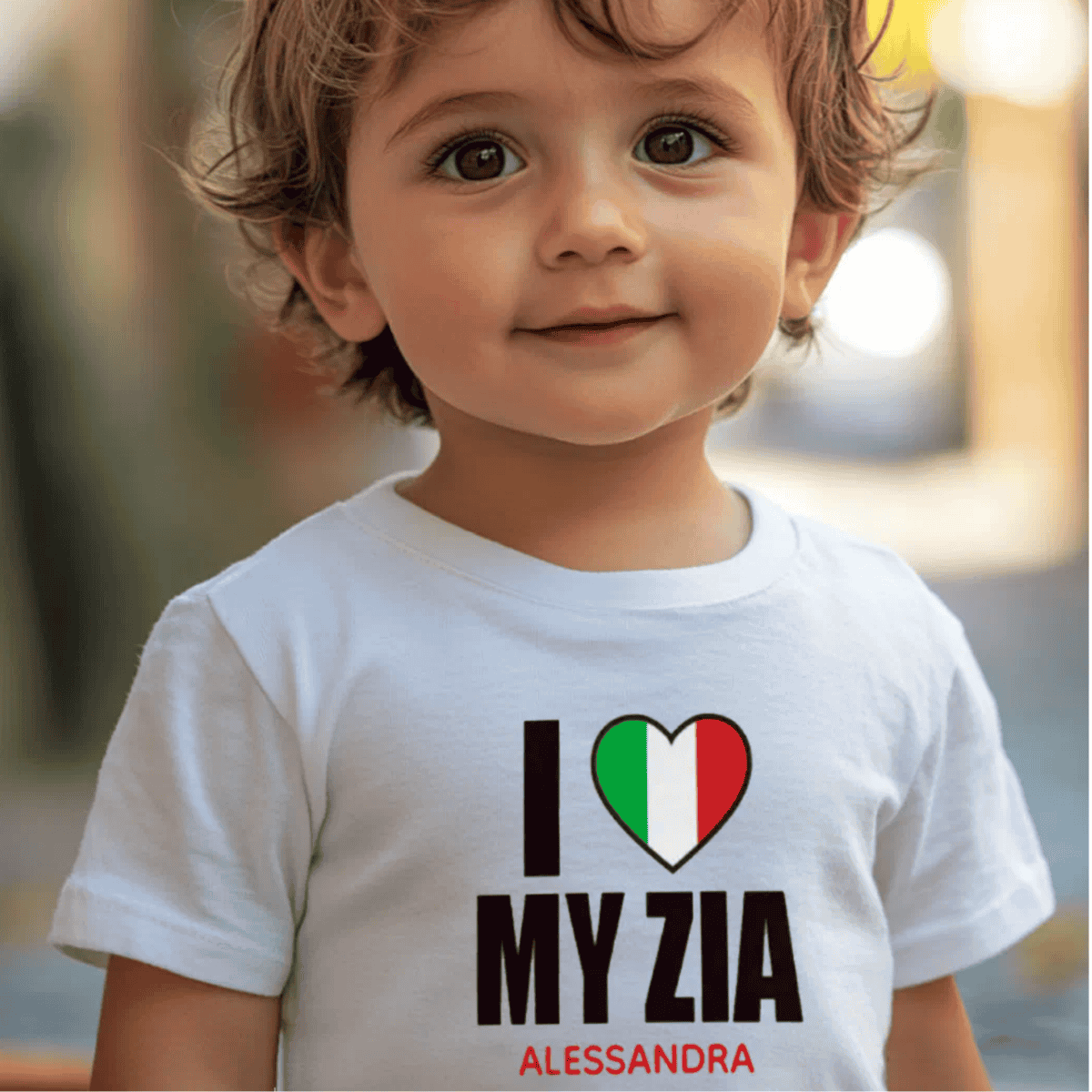 Child wearing a white t-shirt with 'I ❤️ MY ZIA ALESSANDRA' text and Italian flag design - personalized gift for Italian Aunt