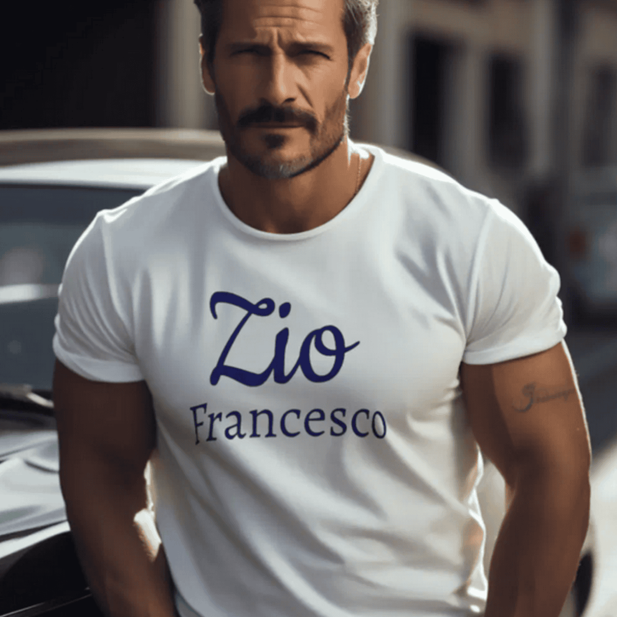 Man wearing a white t-shirt with 'Zio Francesco' - Italian Sicilian heritage gift for uncle