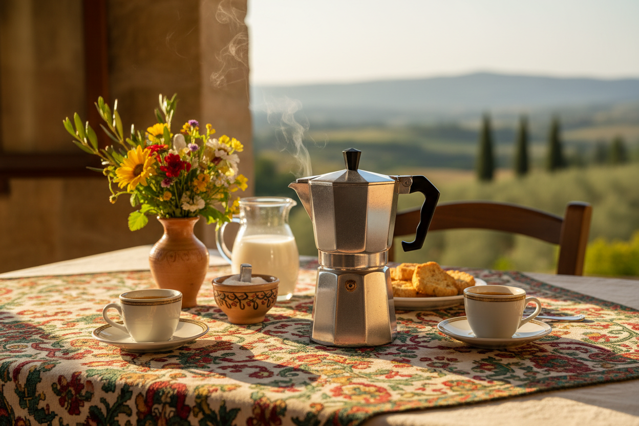 Classic Italian moka pot and espresso cups on a traditional Mediterranean patterned tablecloth in warm morning light
