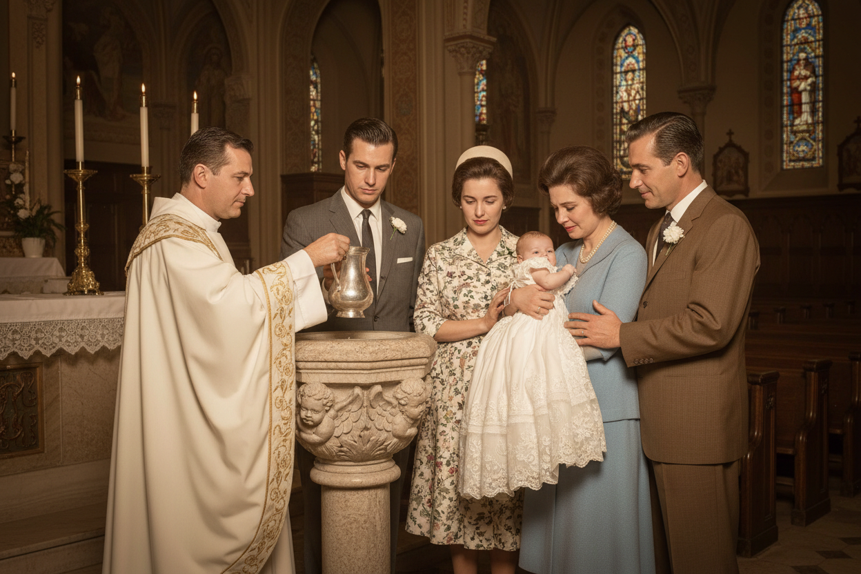 Nostalgic 1960s Catholic baptism scene with godmother, godfather, mother, father, and priest gathered around a baby in a white christening gown