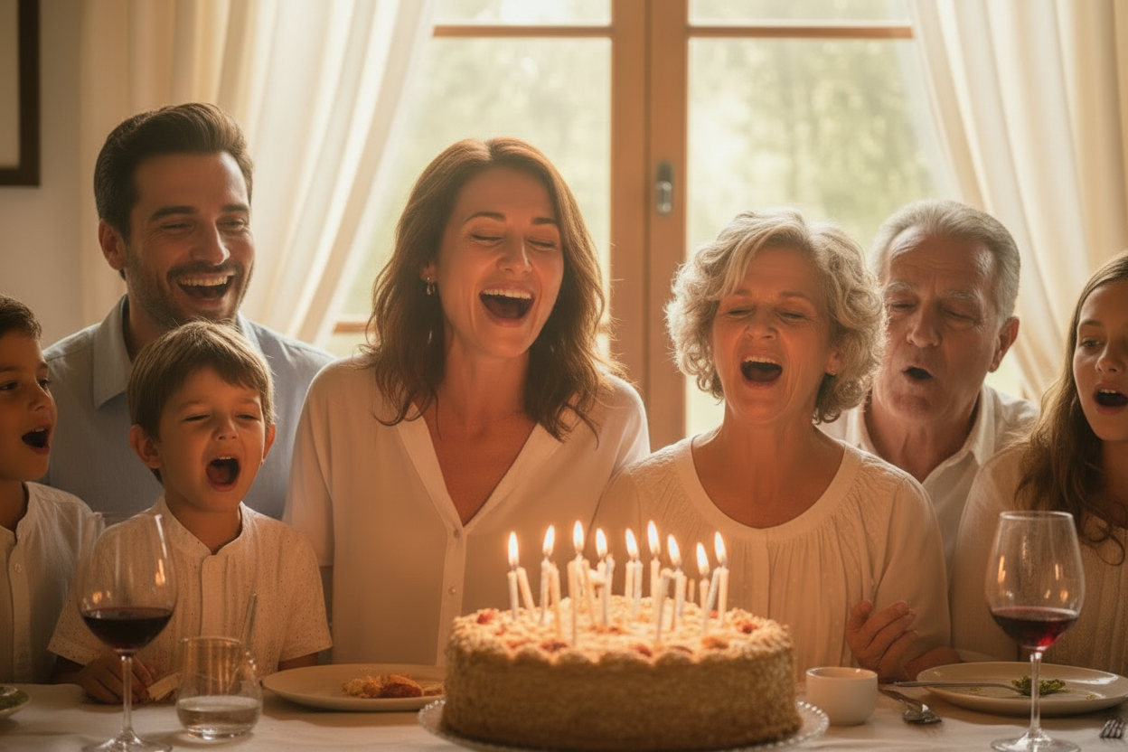 A warm, joyful Italian family of all ages — grandparents, parents, and young children — laughing and singing happy birthday together around a table with a birthday cake and candles in golden Mediterranean light.