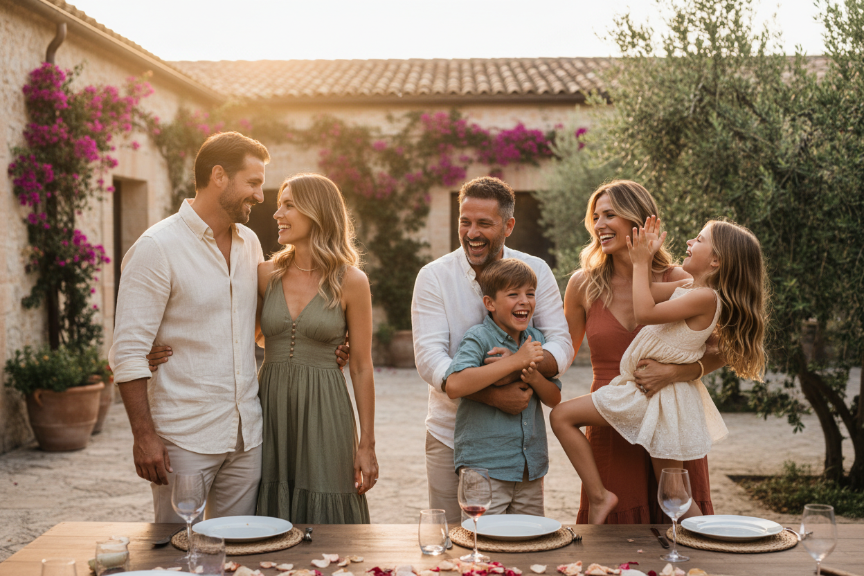 Happy Italian family smiling together outdoors in warm golden light, cover image for matching Italian and Sicilian gifts for couples and families gift guide