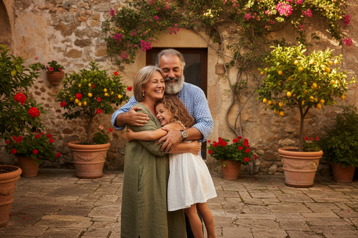 Italian aunt and uncle warmly hugging a young child in a sun-drenched Mediterranean courtyard with terracotta pots, lemon trees, and rustic stone walls 
