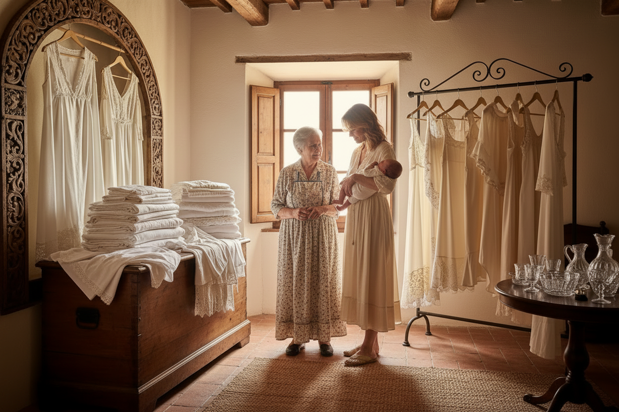 Italian grandmother and mother cradling a newborn dressed in white, surrounded by fine trousseau linens in a warm Sicilian home — a timeless generational moment