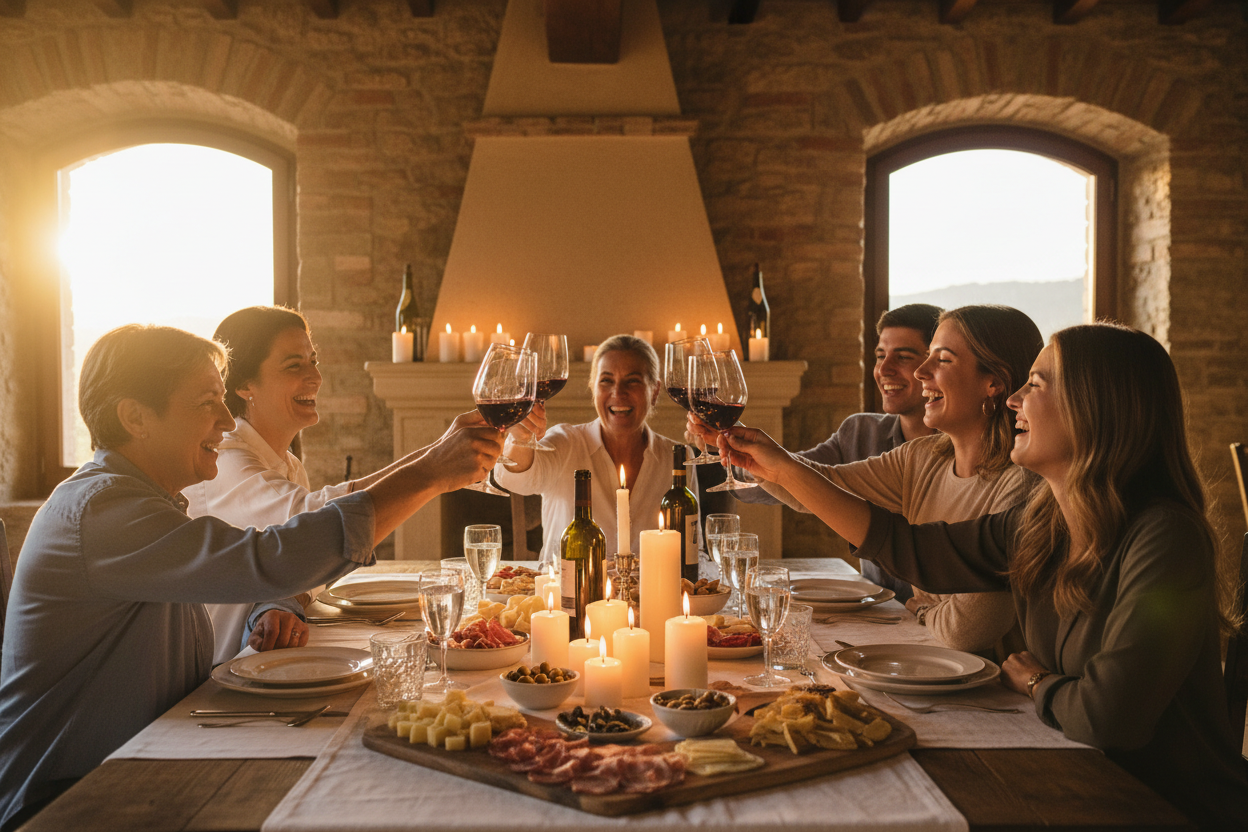 Italian family laughing and raising wine glasses in a Cin Cin toast around a candlelit dinner table