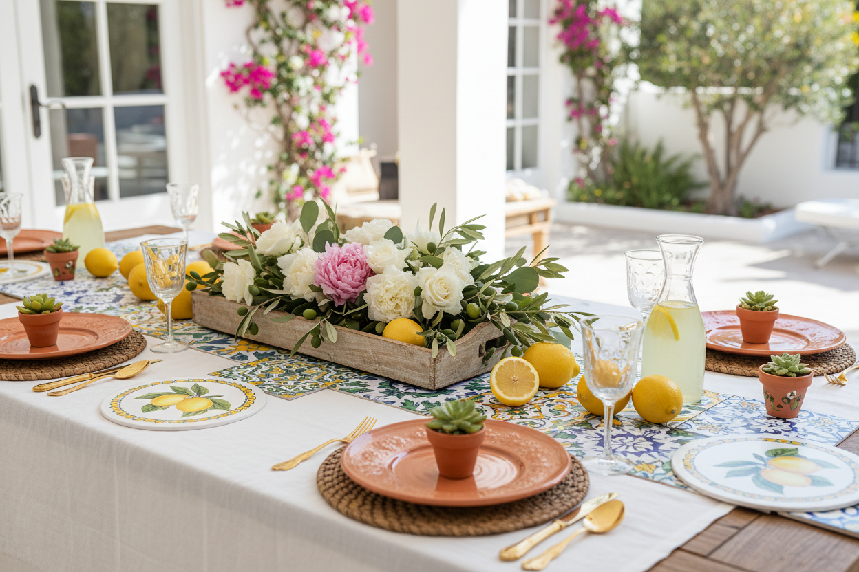 Italian and Sicilian bridal shower table with decorative ceramic tiles, lemon trivets, favor boxes, and fresh flowers — beautiful Mediterranean favors and gifts for the bride