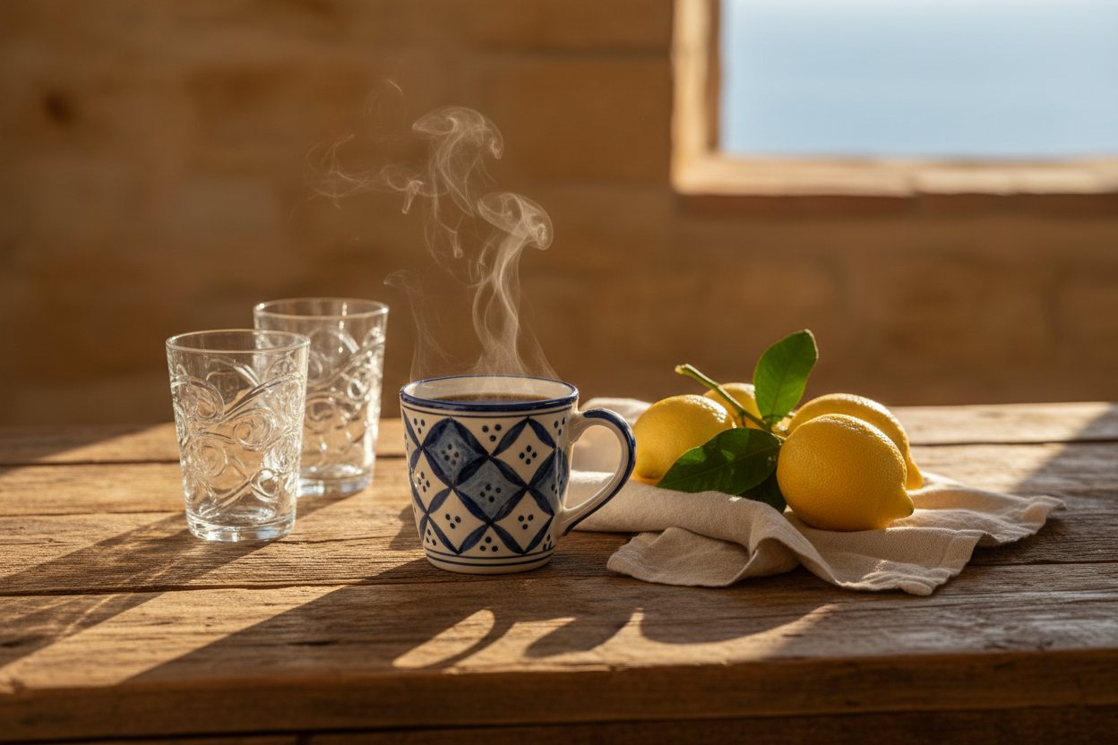 Italian and Sicilian mugs and drinkware gifts — personalized mugs, etched glassware, and heritage tumblers on a warm rustic table