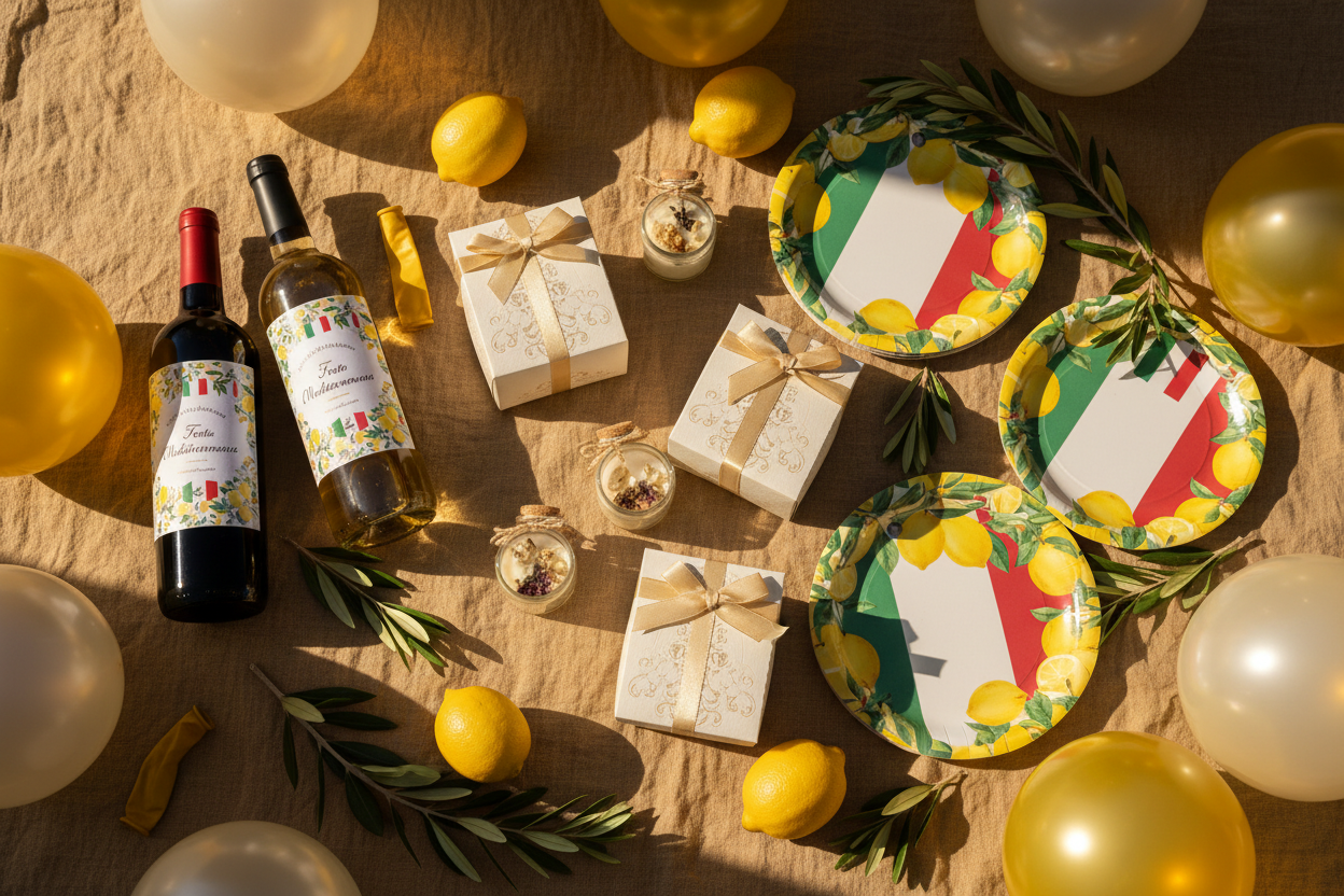 Italian and Sicilian party and celebration gifts including favor boxes, personalized wine bottles, candle favors, and festive paper plates arranged on a rustic linen surface with olive branches and lemons