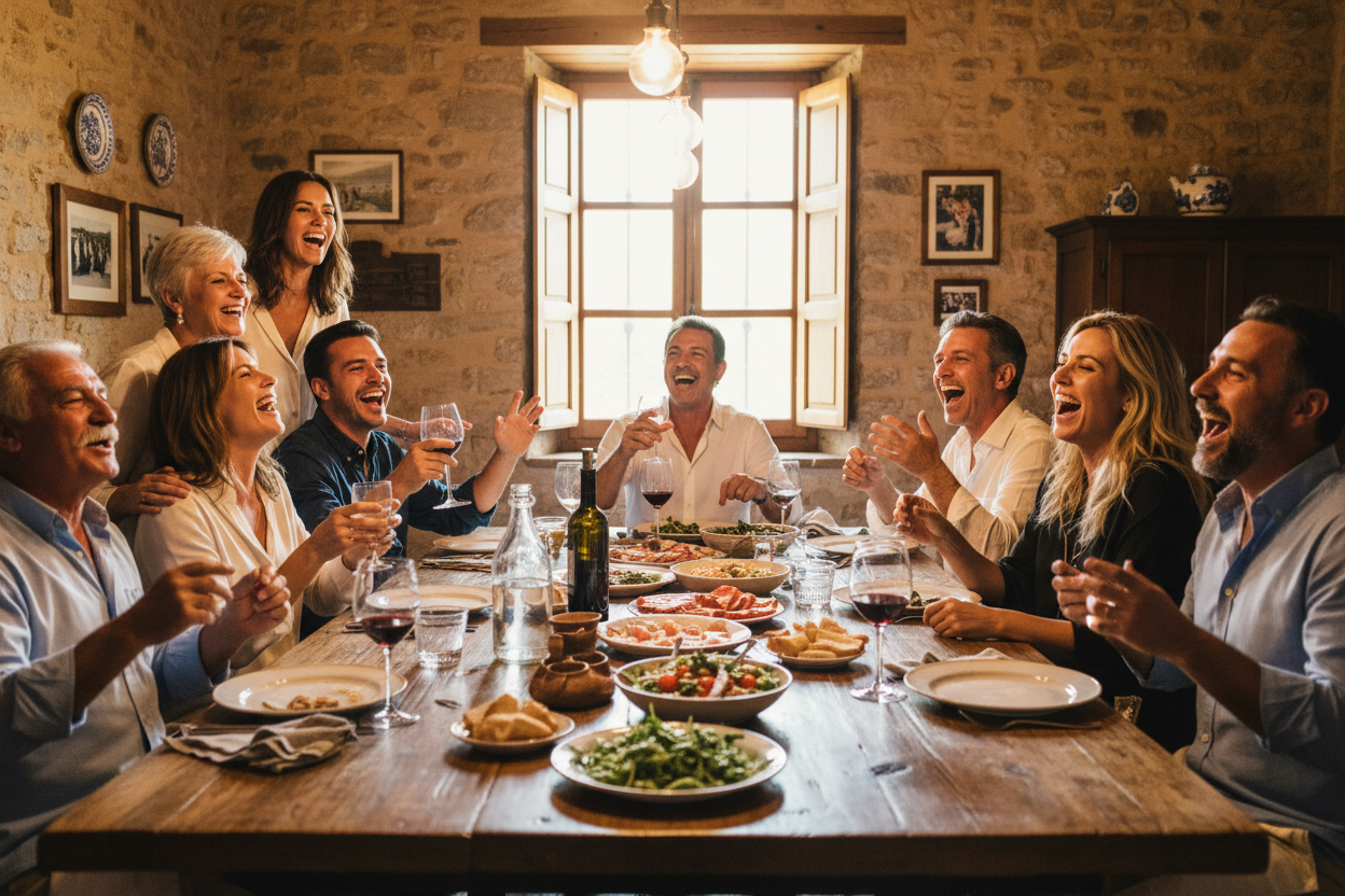 Mixed Italian family laughing together at a dinner table, cover image for funny Italian and Sicilian gifts for the family jokester gift guide
