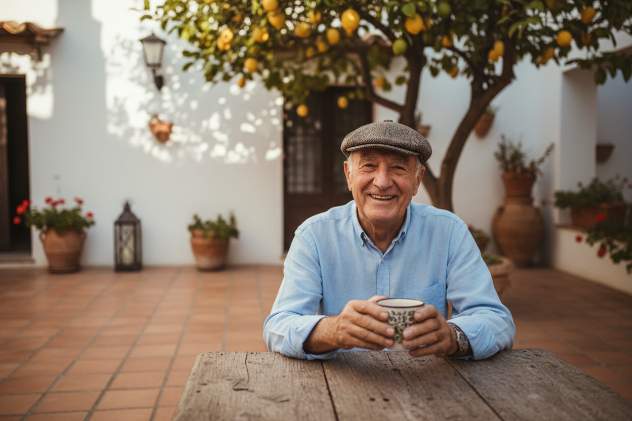 Elderly Italian grandfather Nonno sitting at a rustic table in a sunny Southern Italian courtyard, smiling with a coffee mug, lemon tree in the background