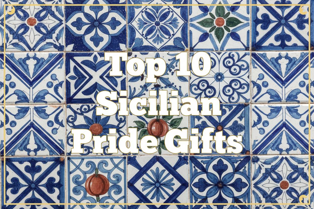 Colorful Sicilian-themed gift display celebrating Sicilian pride and heritage, featuring apparel and accessories in blue tones