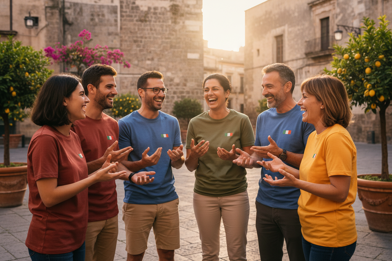 Group of Sicilian men and women laughing and gesturing outdoors in a Mediterranean piazza, wearing t-shirts with small Italian flag details — celebrating Sicilian heritage and dialect.