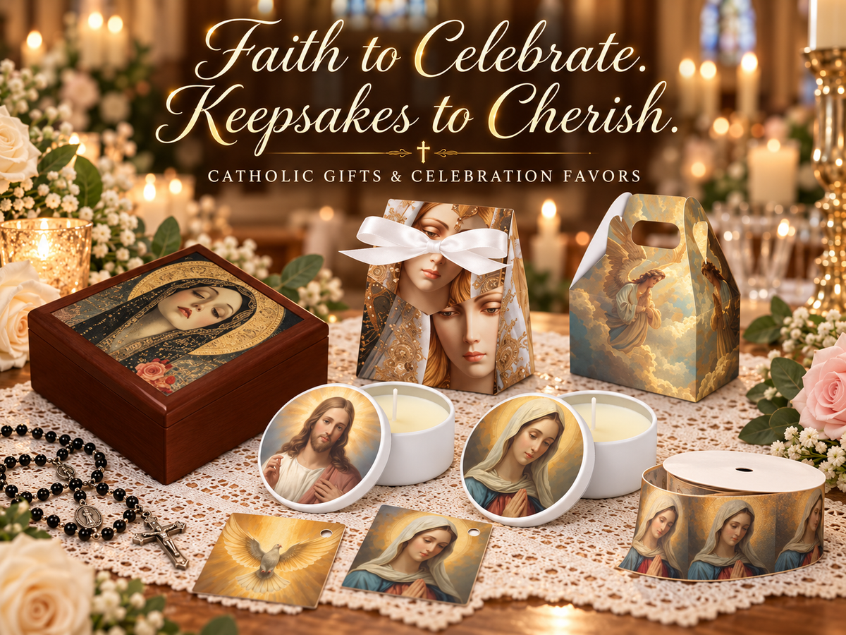 Catholic gifts and celebration favors featuring a Virgin Mary wooden keepsake box, religious favor boxes, Jesus and Mary candles, printed ribbon and favor tags.
