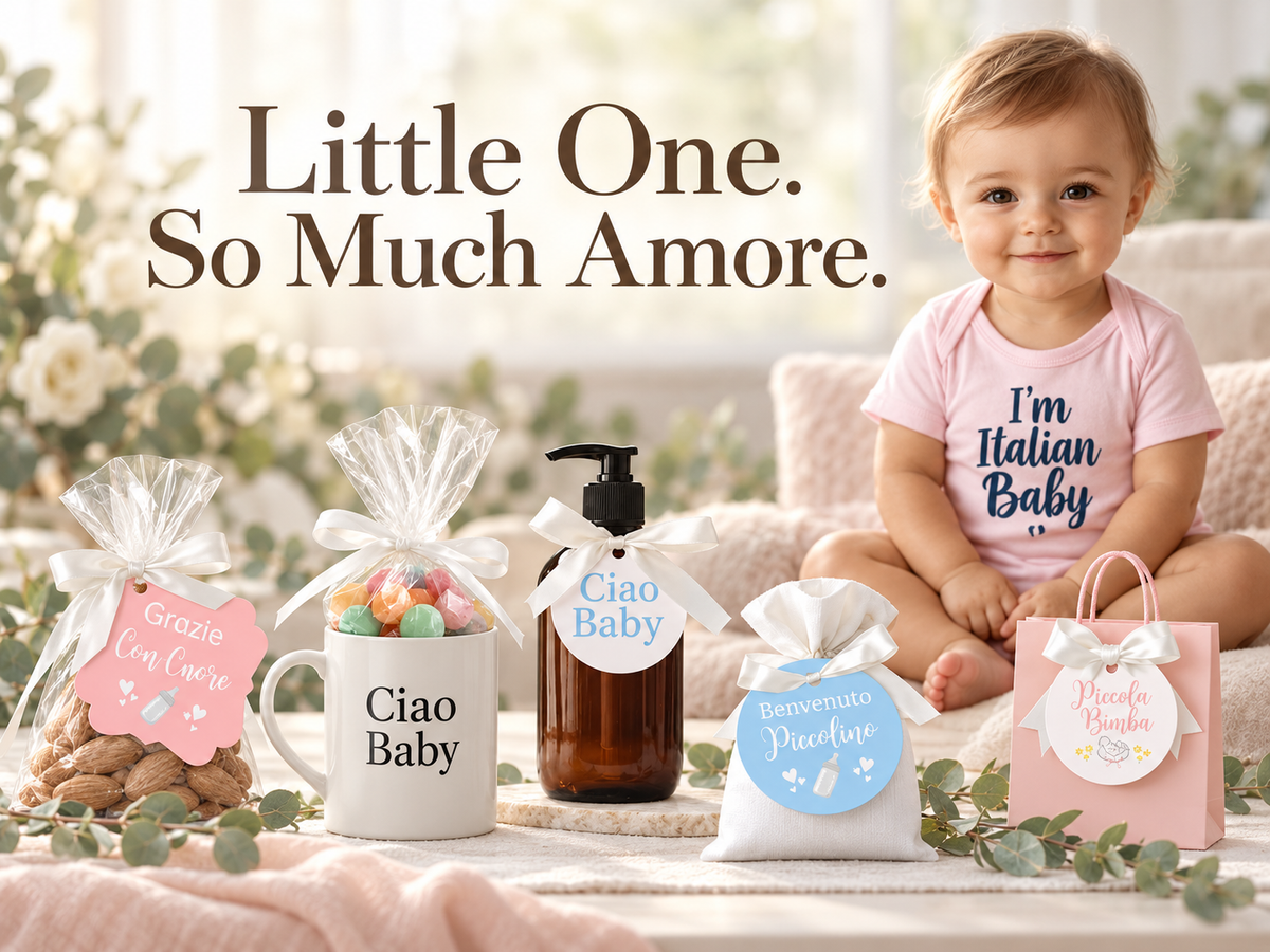 Italian baby shower favors featuring Ciao Baby mugs, Italian favor tags, gift bags, and a baby wearing an “I’m Italian Baby” pink bodysuit.