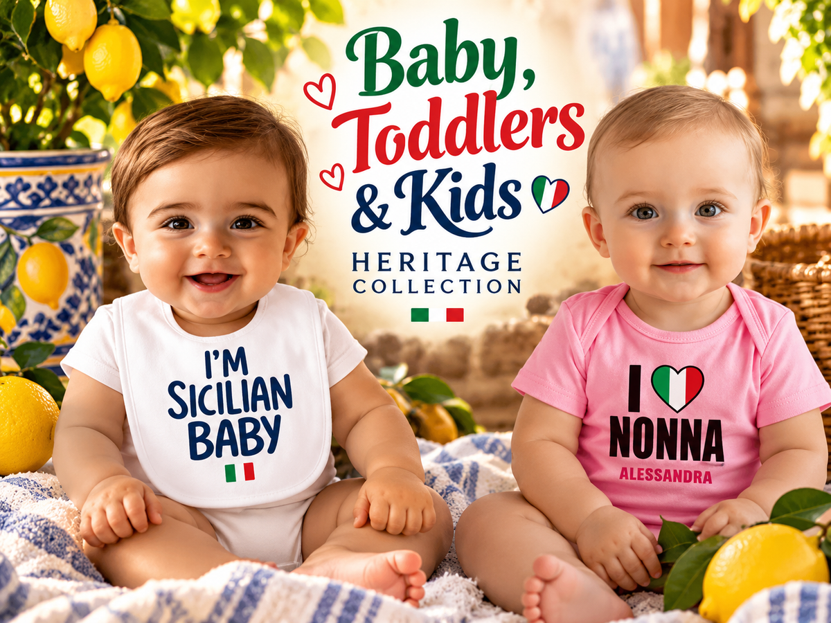 Adorable babies wearing Italian and Sicilian heritage outfits, featuring I'm Sicilian Baby bibs and personalized I Love Nonna shirts. Shop unique Italian baby gifts, Sicilian baby clothes, and gifts for grandchildren at ItalianSicilianGifts.com.