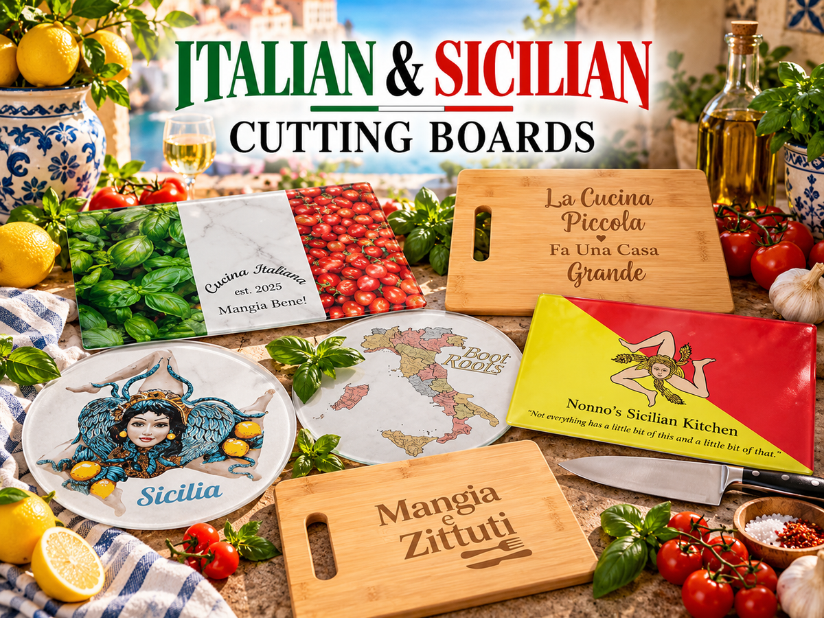 Italian and Sicilian cutting boards featuring personalized bamboo designs, Sicilian Trinacria, Italian flag, Boot Roots, and traditional Italian sayings in a Mediterranean kitchen setting.