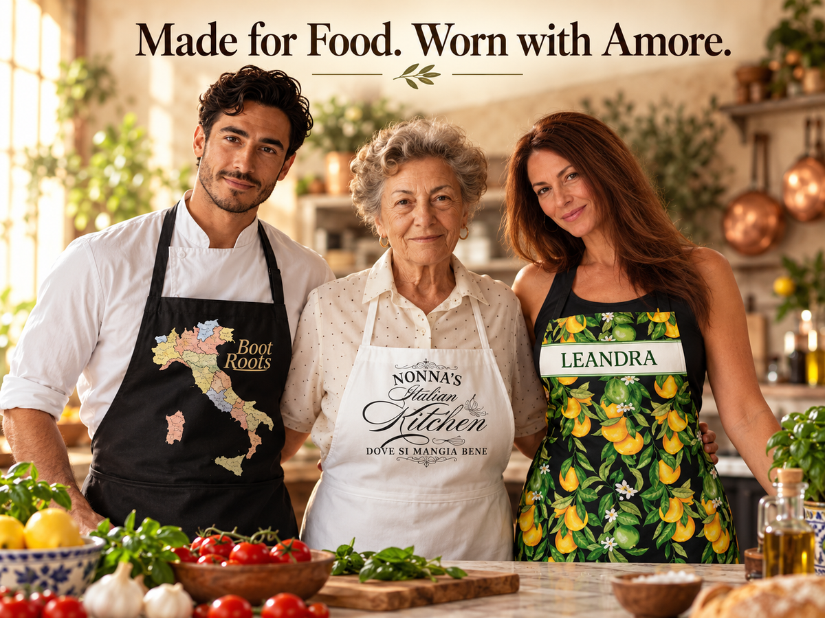 Models wearing Boot Roots, Nonna’s Italian Kitchen, and personalized lemon aprons in a warm kitchen beneath “Made for Food. Worn with Amore.”