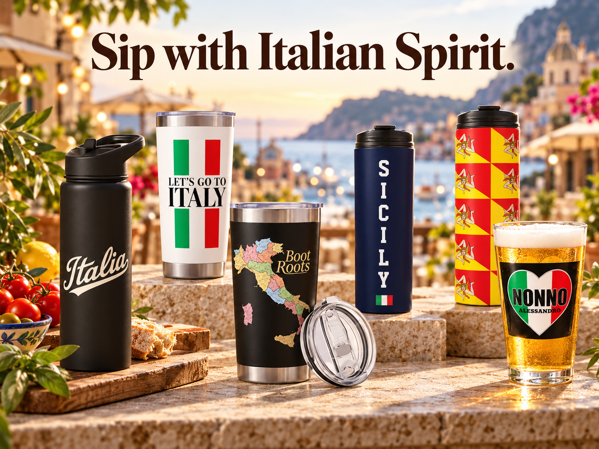 Italian and Sicilian water bottles and insulated tumblers featuring Italia, Boot Roots, Sicily, and Trinacria designs, alongside a personalized Nonno beer glass.