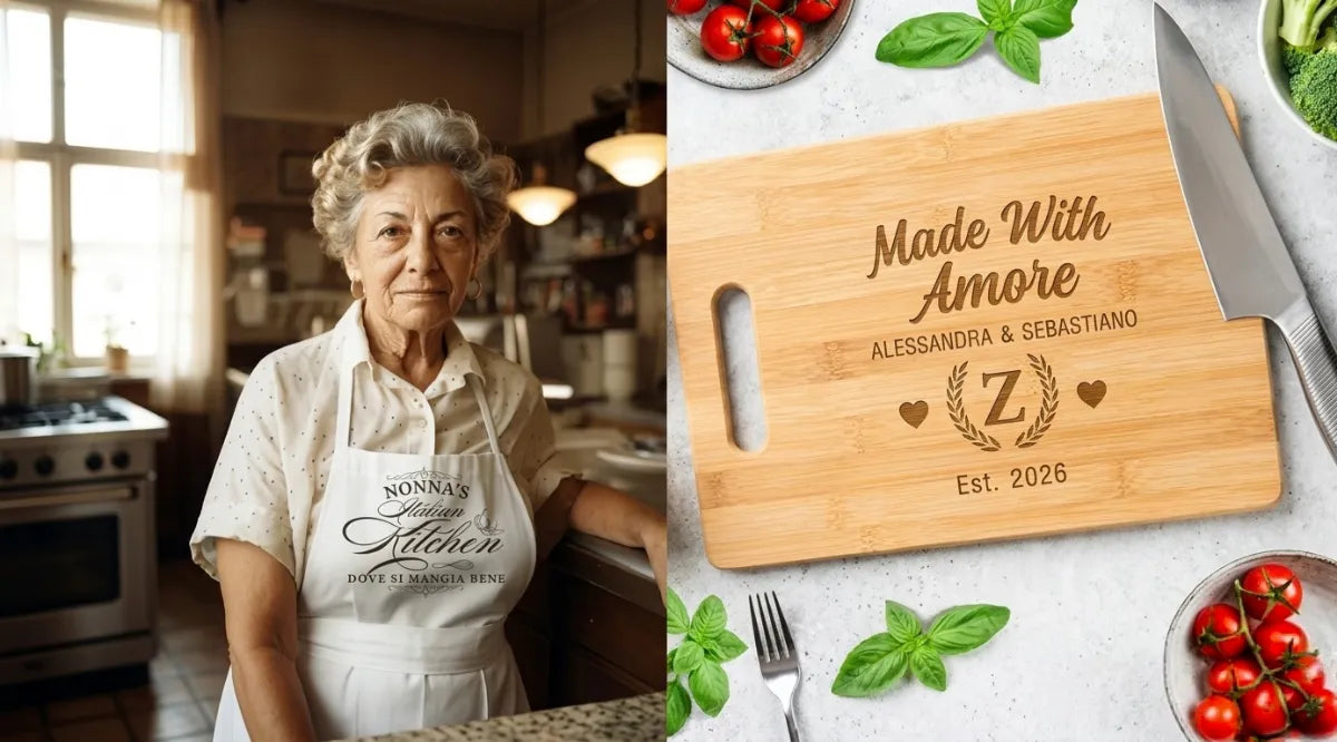 Grandma wearing a Nonna's Italian Kitchen apron and a "Made with Amore" personalized cutting board