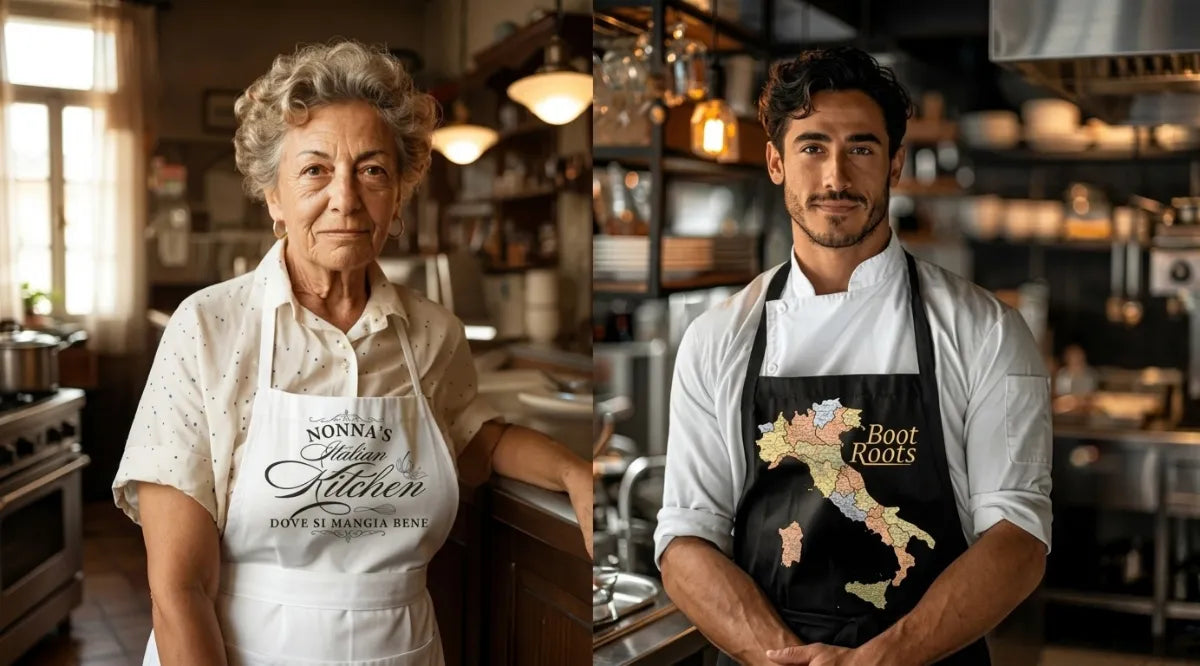 Grandma wearing a Nonna's Italian Kitchen apron and a "Made with Amore" personalized cutting board
