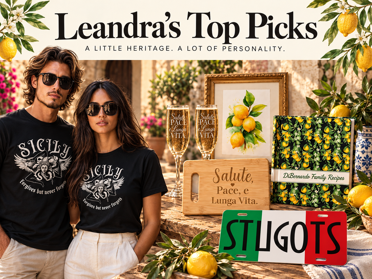 Leandra’s Top Picks featuring Sicily T-shirts, a Stugots license plate, etched champagne flutes, engraved cutting board, personalized lemon recipe binder and framed lemon art.