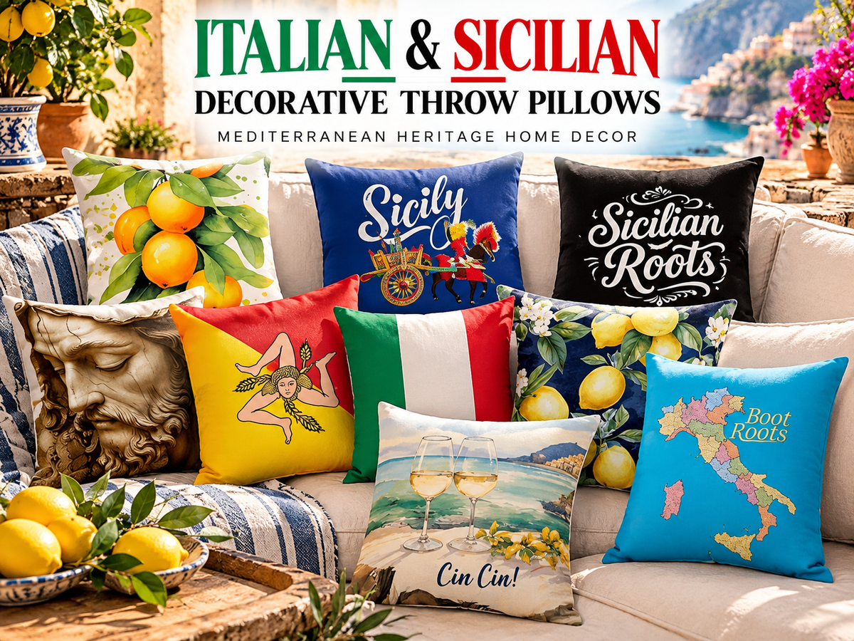 Italian and Sicilian decorative throw pillows featuring Sicilian lemons, oranges, Trinacria, Italian flag, Sicilian Roots, Boot Roots, and Cin Cin designs on a Mediterranean-style sofa.