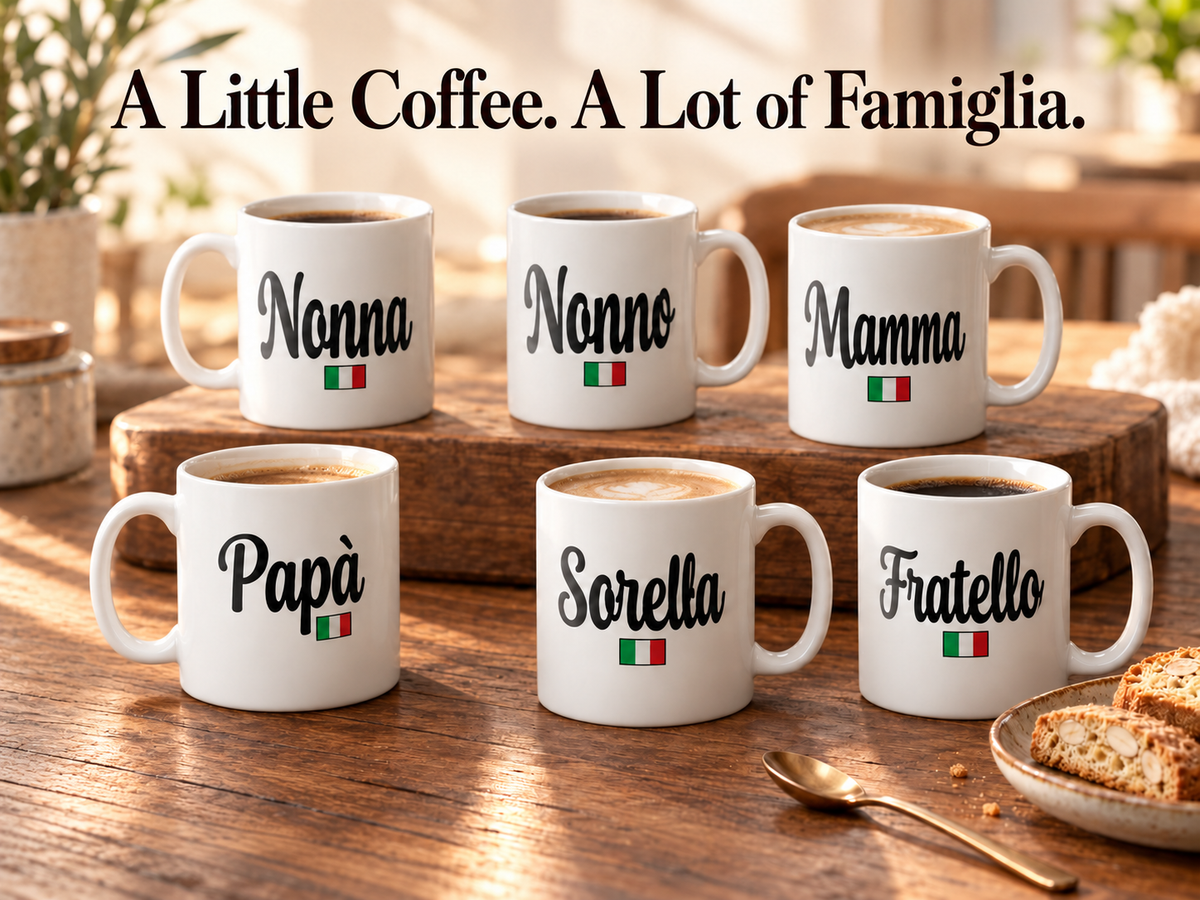 Italian family mugs featuring Nonna, Nonno, Mamma, Papà, Sorella, and Fratello with Italian flags, displayed on a rustic coffee table.
