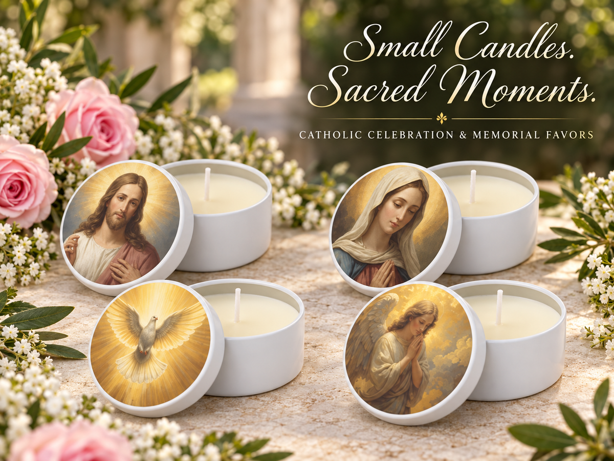 Catholic candle favors in white tins with Jesus, Mother Mary, Holy Spirit dove and praying angel lids, arranged among pink roses and white flowers.