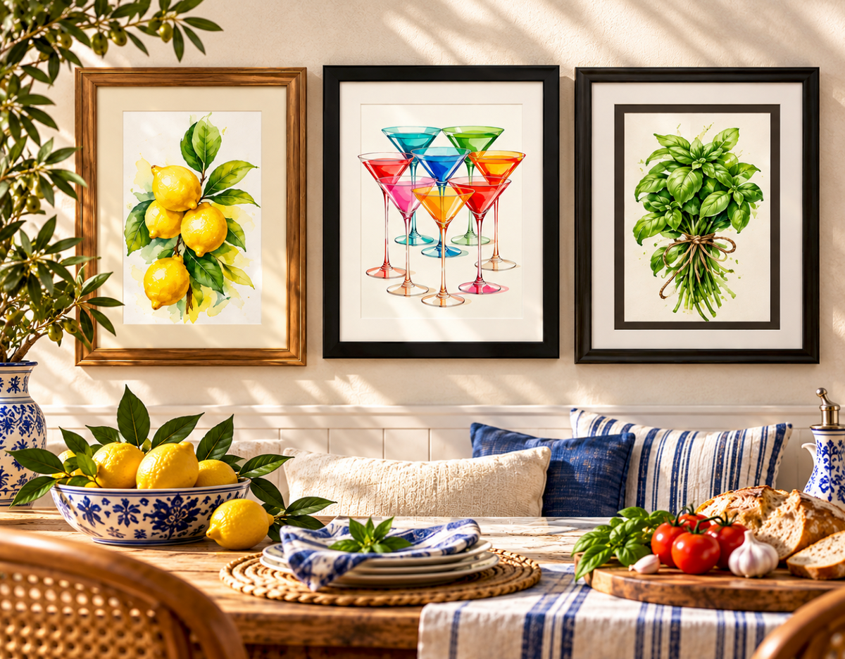 Italian kitchen wall art collection featuring framed watercolor lemons, colorful cocktail glasses and fresh basil in a sunlit Mediterranean kitchen, Italian home décor and Sicily-inspired artwork.