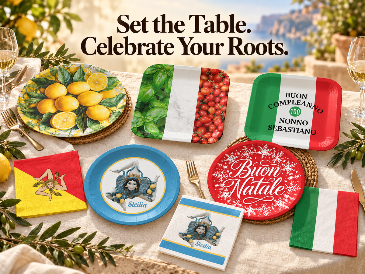 Italian and Sicilian paper plates and napkins featuring lemons, Italian flags, Trinacria, personalized birthday designs, and Buon Natale Christmas tableware.