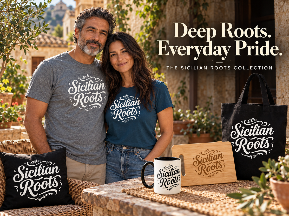 Couple wearing Sicilian Roots T-shirts beside a matching mug, engraved cutting board, black tote bag and pillow in a Sicilian courtyard.