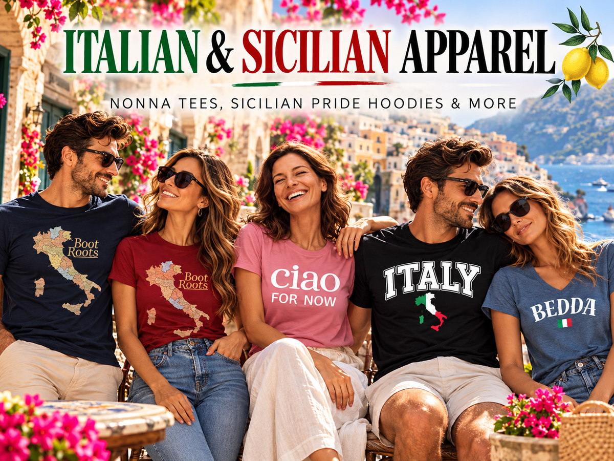 Italian and Sicilian apparel collection featuring models wearing Boot Roots, Ciao for Now, Italy, and Bedda T-shirts against a colorful Italian coastal backdrop.