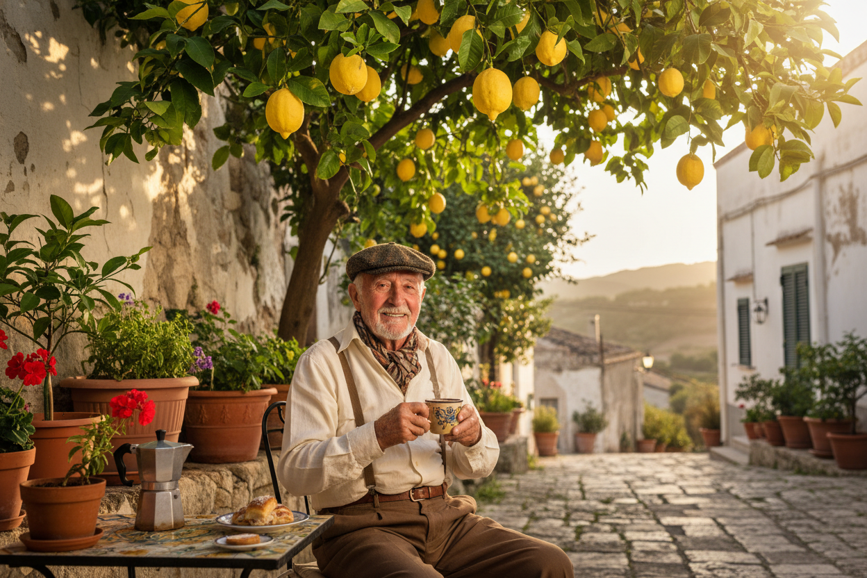 Italian grandfather Nonno sitting under a lemon tree in a sunny Southern Italian courtyard, wearing a classic cap and holding a coffee mug